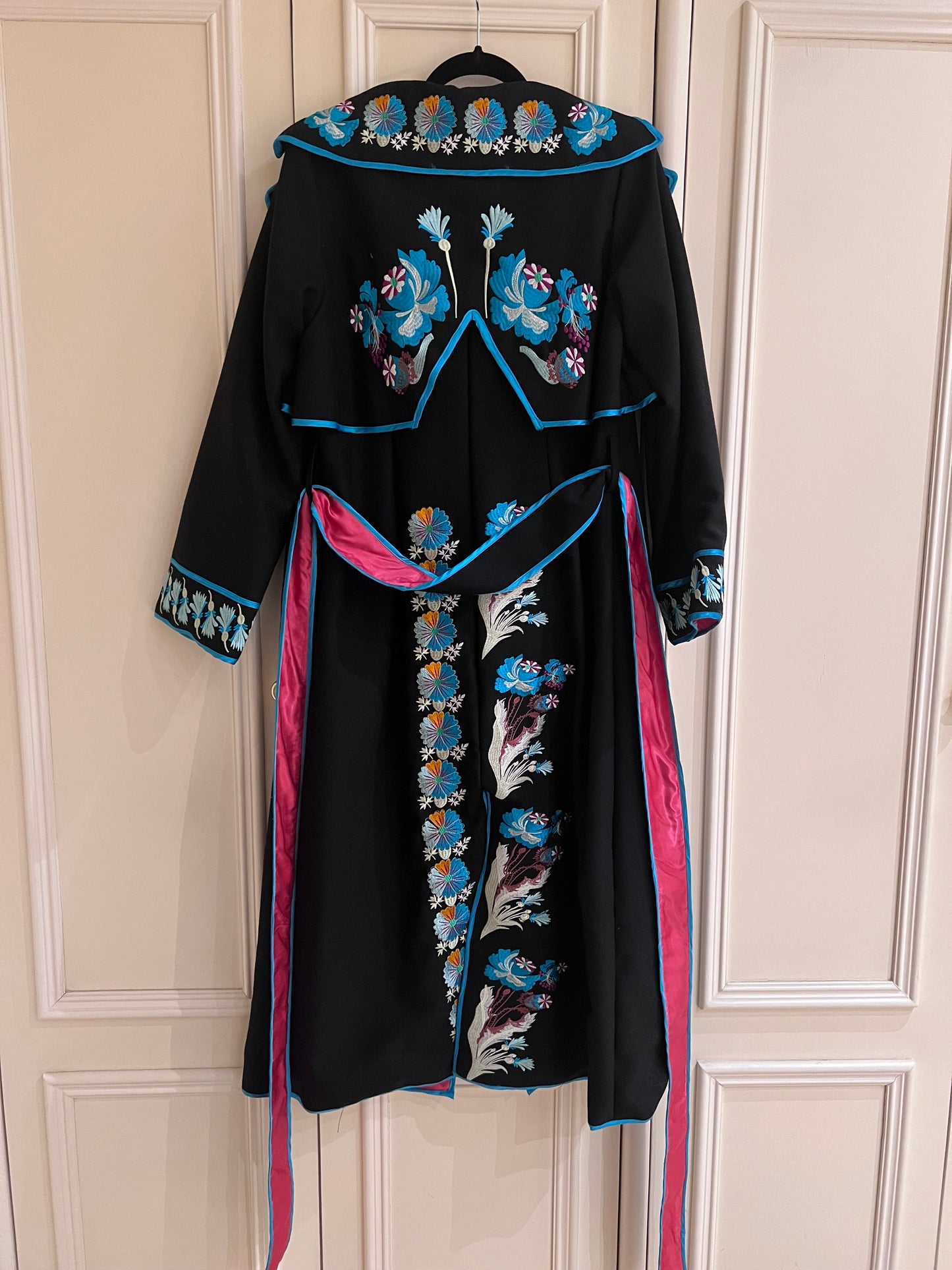 Black Wool Coat with Floral Embroidery