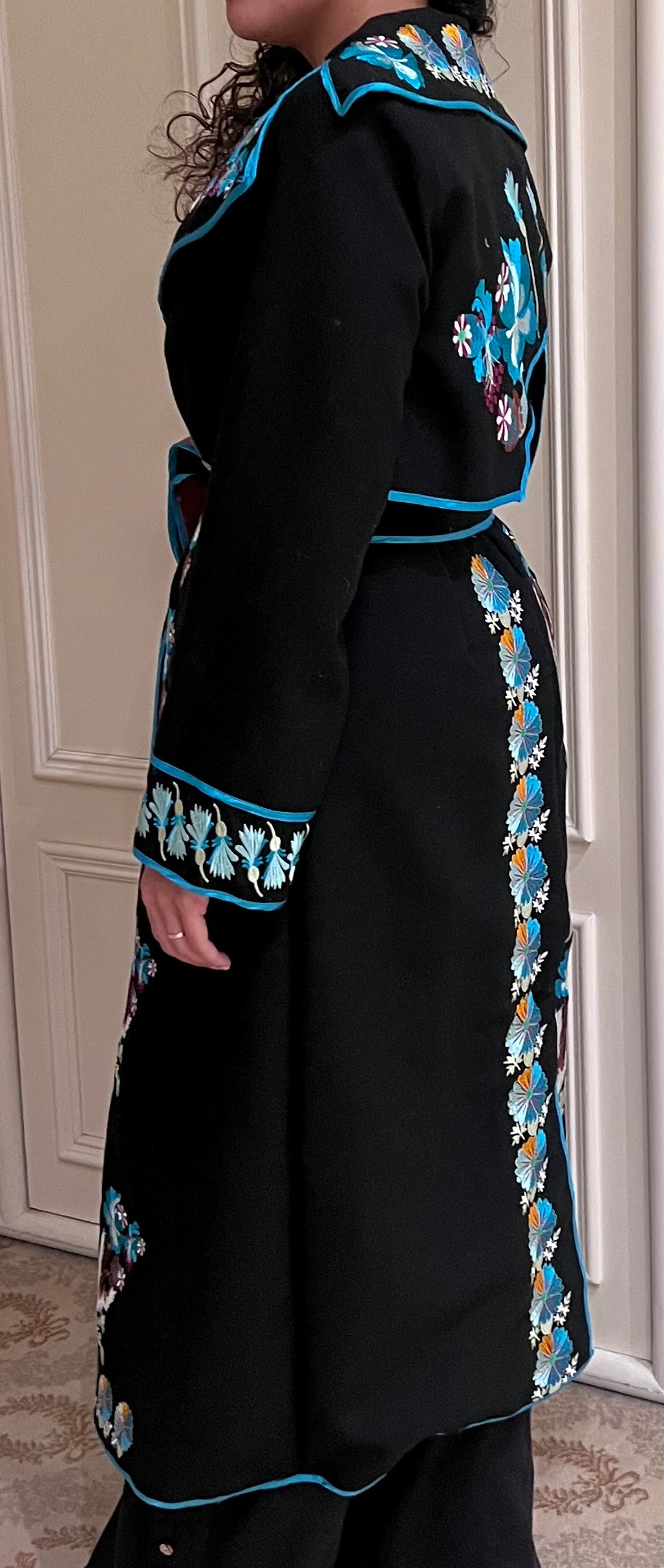 Black Wool Coat with Floral Embroidery