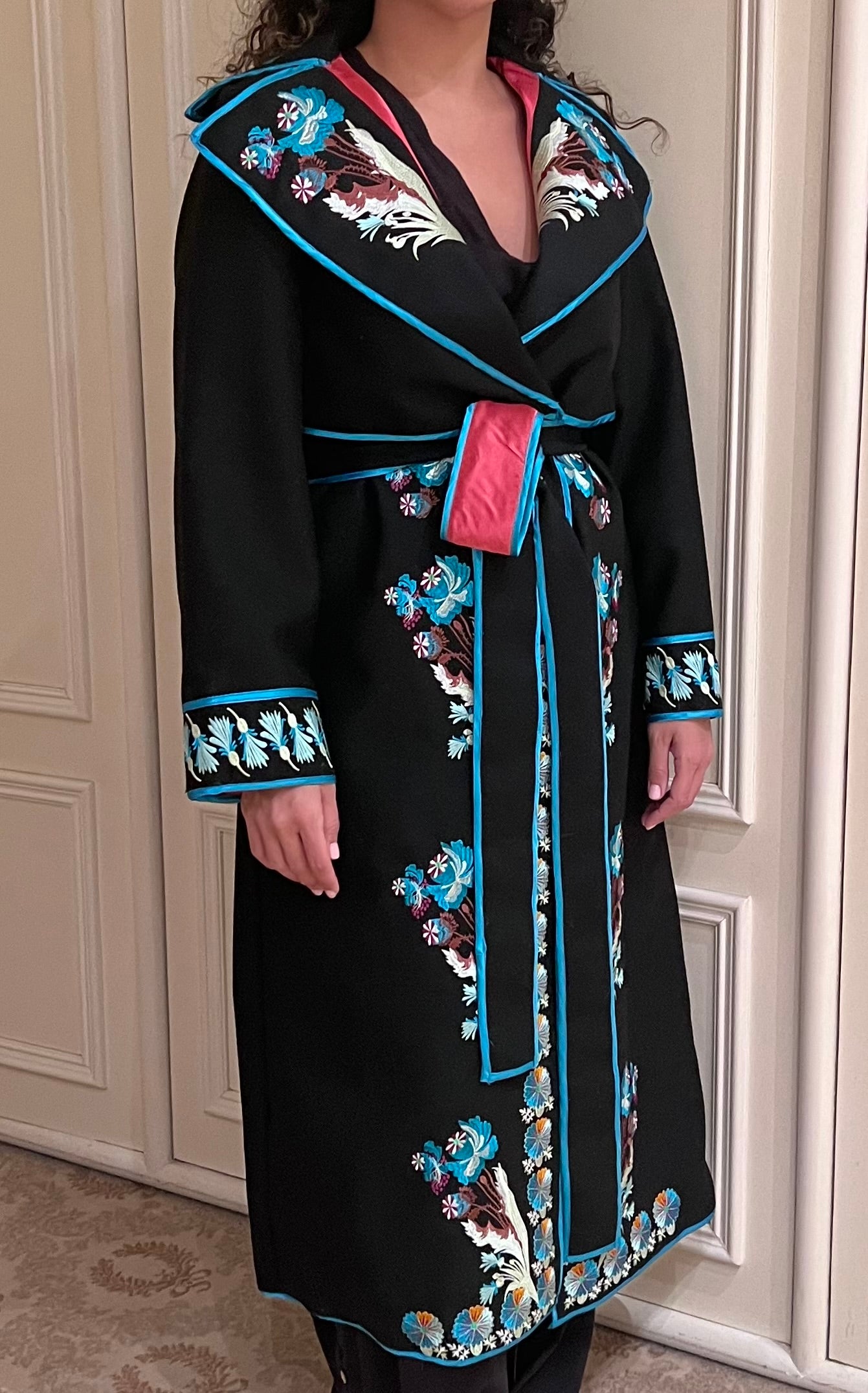 Black Wool Coat with Floral Embroidery
