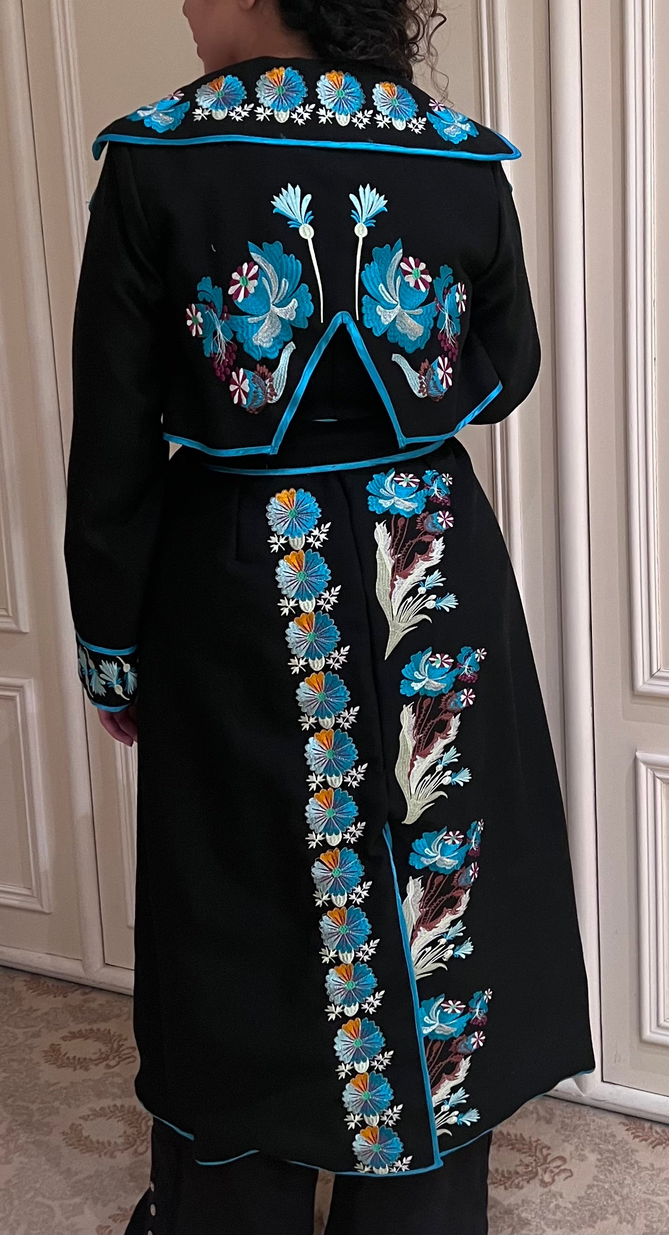 Black Wool Coat with Floral Embroidery