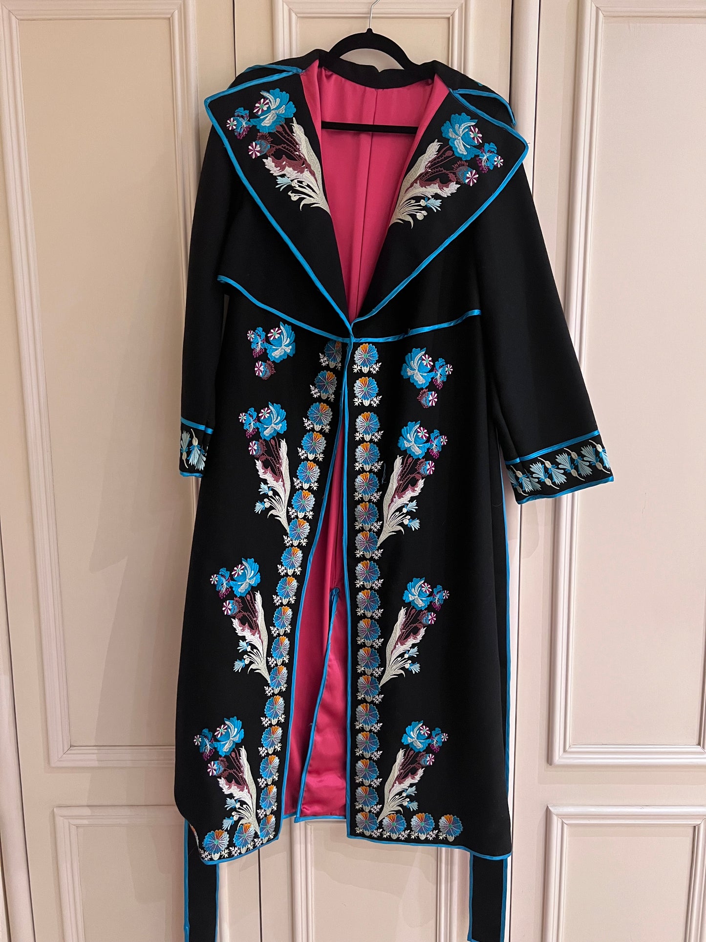 Black Wool Coat with Floral Embroidery
